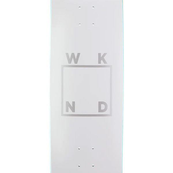 The WKND LOGO GREY SILVER is a 9.0 popsicle skateboard deck by WKND, featuring a central square outline with the W, K, N, and D letters at each corner as its logo design.