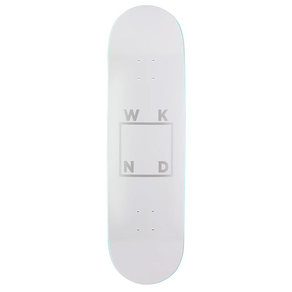 The WKND LOGO GREY SILVER skateboard deck by WKND features a white popsicle shape, a central square outline, and W, K, N, D lettering at each square corner.