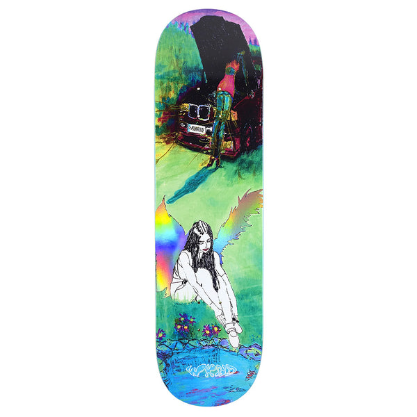 The WKND JORDAN TAYLOR SD1 skateboard deck by WKND features a shovel nose and a vibrant graphic of a person by a car with its hood up, a winged figure near water, and bold graffiti-style text at the bottom.