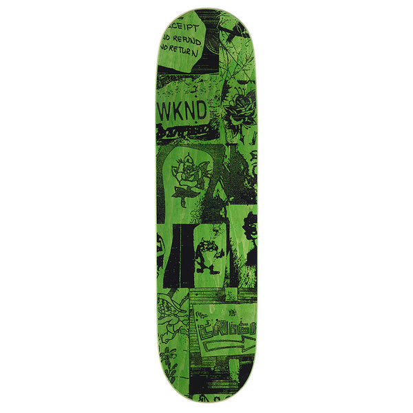 The WKND TOM K FORVER is a green 8.25" skateboard deck with a black collage of graphics, text (including "WKND"), and cartoon-style images, ideal for fans of the WKND Tiger Tie-Dye collection.