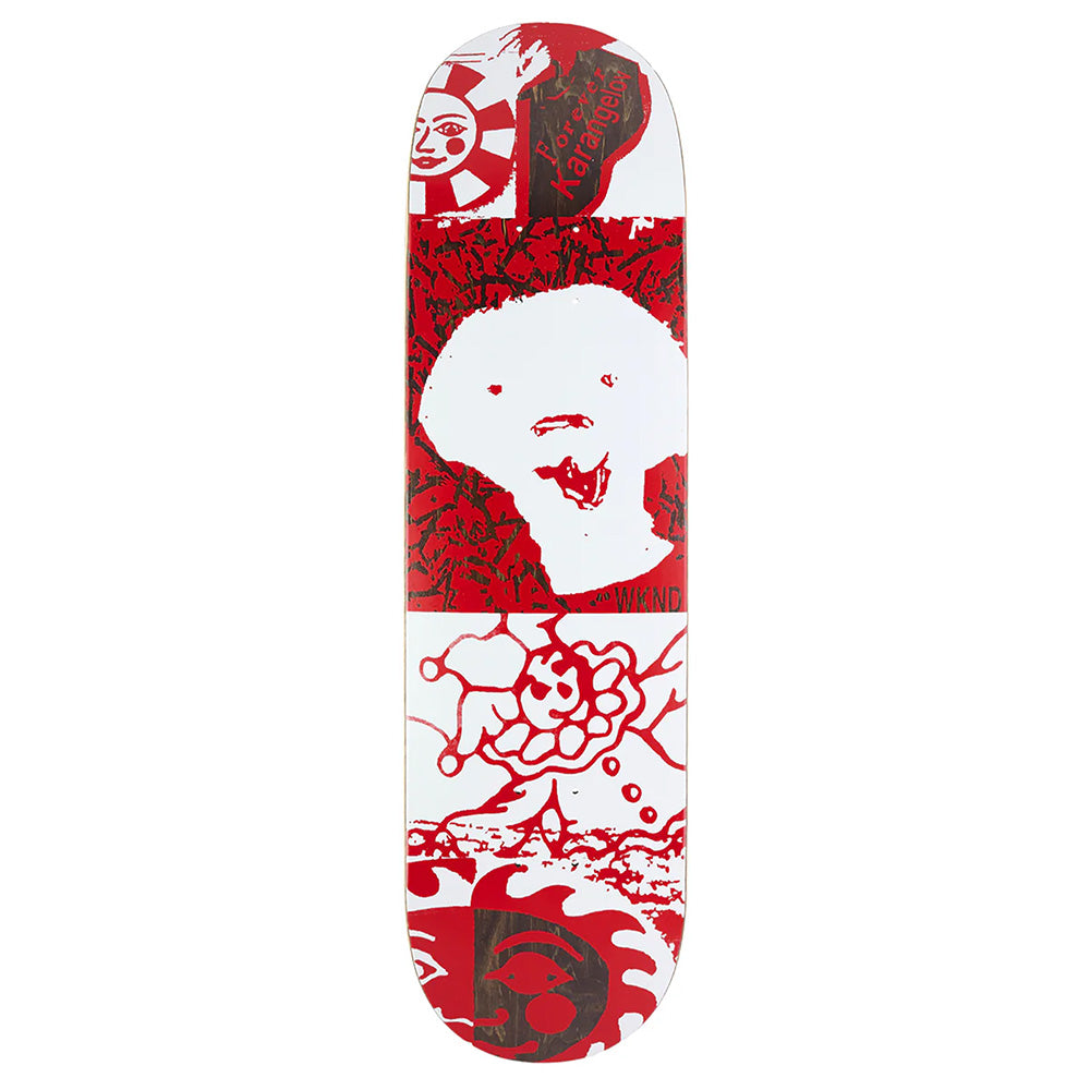 The WKND TOM K FORVER 8.25" skateboard deck by WKND features red and white abstract artwork with a dog’s face, sun motifs, and various graphic shapes.