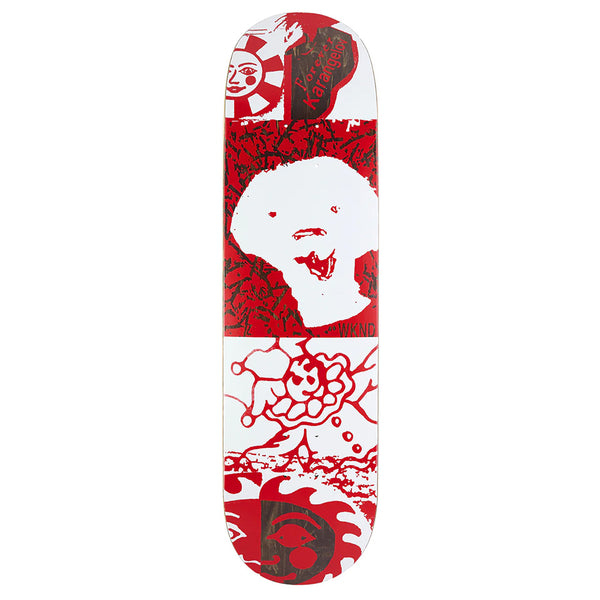 The WKND TOM K FORVER 8.25" skateboard deck by WKND features red and white abstract artwork with a dog’s face, sun motifs, and various graphic shapes.