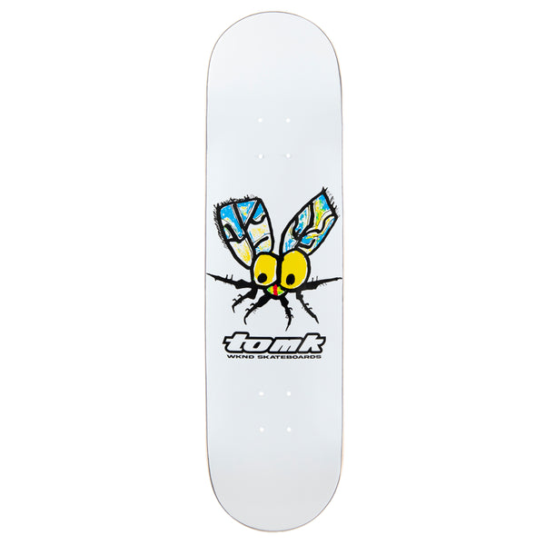 A white skateboard with an image of a bug on it by WKND TOM K GOLD BLOOM.