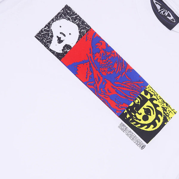The WKND TRIO TEE WHITE by WKND is a 100% cotton tee featuring a bold, rectangular graphic of three abstract faces and "WIND SWEET 2008" text. Printed in Los Angeles.