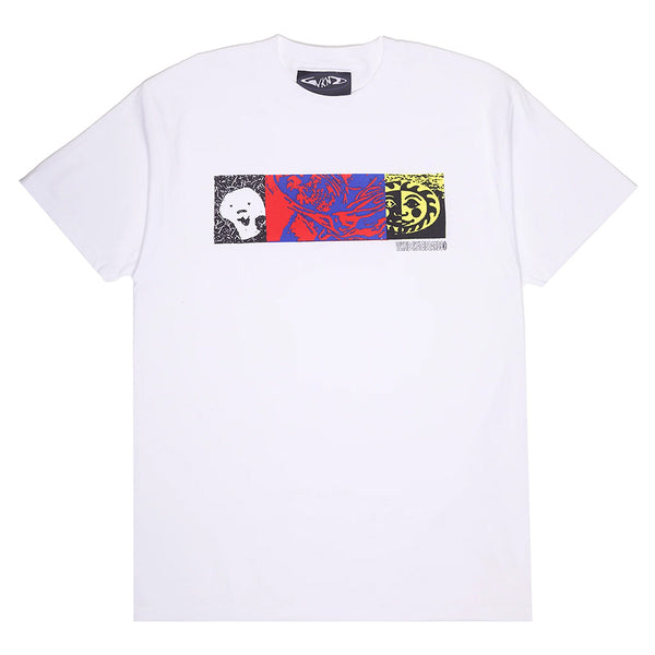 The WKND TRIO TEE WHITE by WKND is a 100% cotton t-shirt featuring three abstract faces in bold colorways, printed as a rectangular graphic in Los Angeles.
