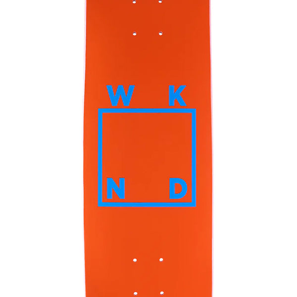 The WKND LOGO ORANGE BLUE skateboard deck by WKND features an orange base, blue "W", "K", "N", and "D" letters on a blue central square, and a stylish shovel nose design. Size: 8.125".