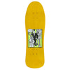 A yellow WORLD INDUSTRIES ROCCO III skateboard deck, crafted from 7-ply Hard Rock Maple, features a black-and-white cartoon graphic with speech bubble text at the center.