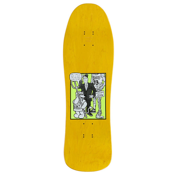 A yellow WORLD INDUSTRIES ROCCO III skateboard deck, crafted from 7-ply Hard Rock Maple, features a black-and-white cartoon graphic with speech bubble text at the center.