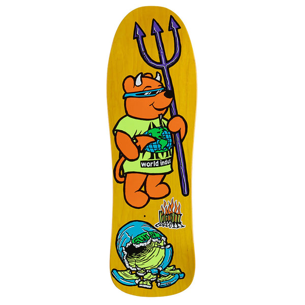 A yellow 7-ply Hard Rock Maple WORLD INDUSTRIES ROCCO III skateboard deck features a cartoon bear with a trident and globe, melting Earth, and fire detail at the bottom.