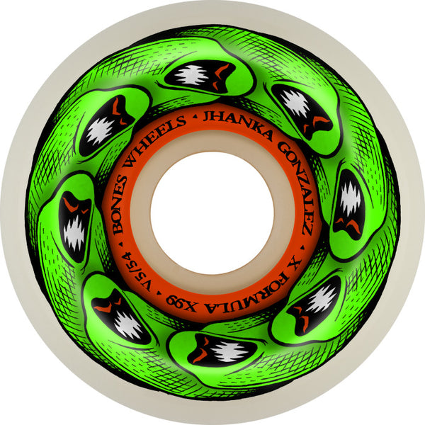 This BONES skateboard wheel features a high rebound with a green and orange design.