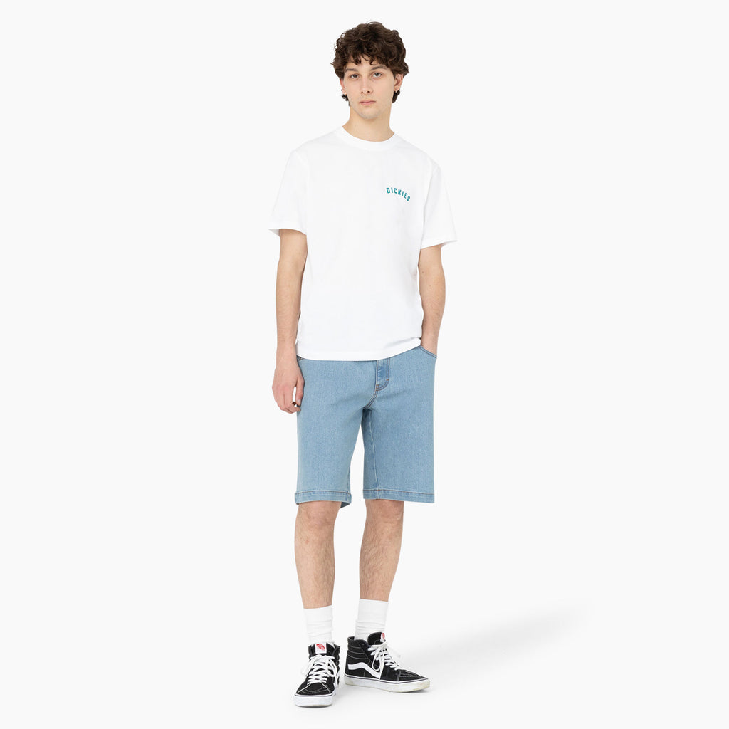 A young man in a white t-shirt and blue DICKIES SKATEBOARDING LOOSE FIT WINGVILLE DENIM SHORT shorts standing against a white background.