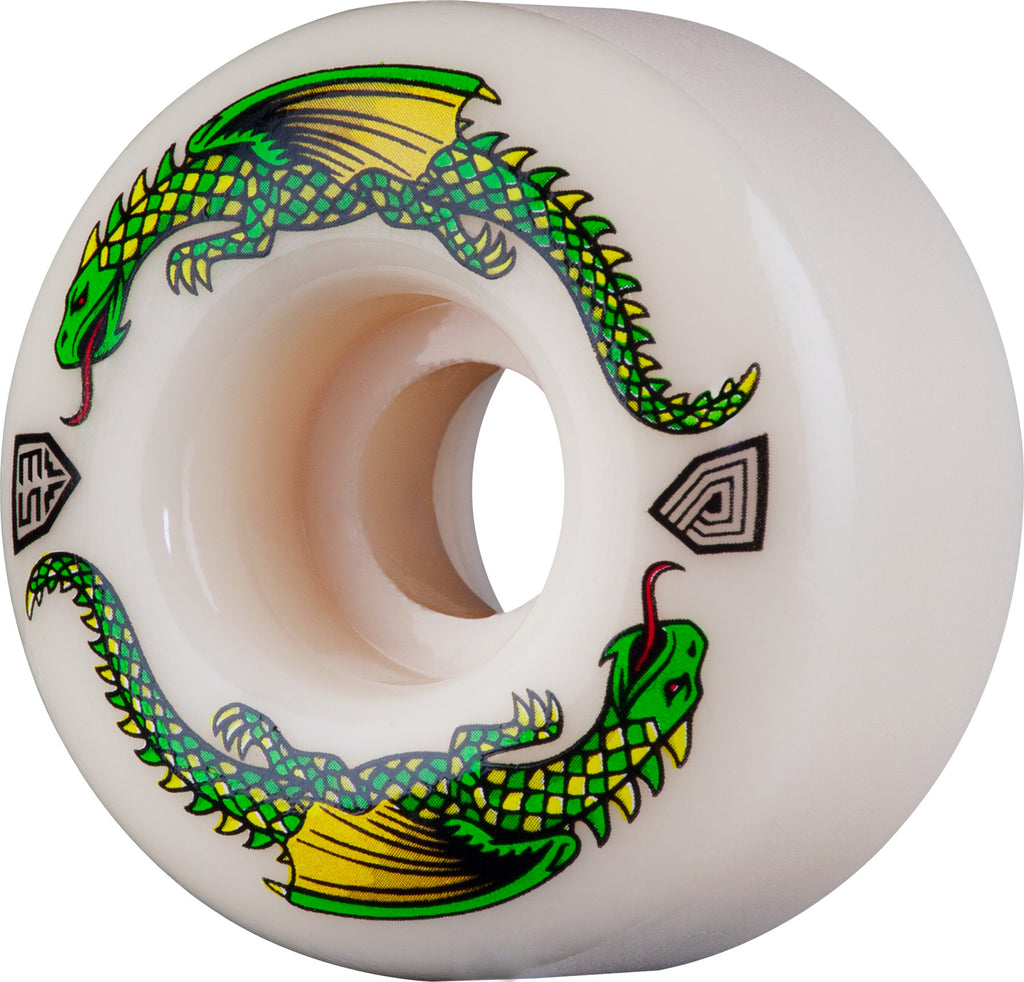 A white POWELL PERALTA skateboard wheel with a green dragon on it.
