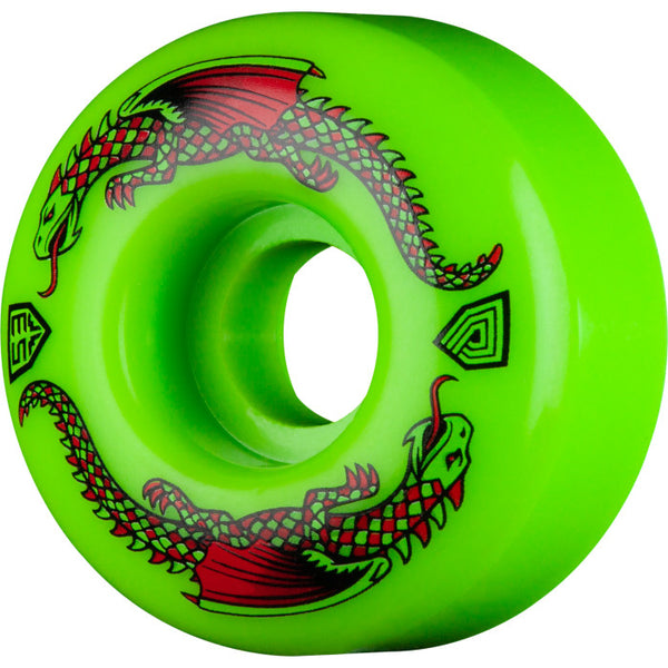 A green POWELL PERALTA DRAGON FORMULA 53x33MM 93A skateboard wheel with dragons on it.