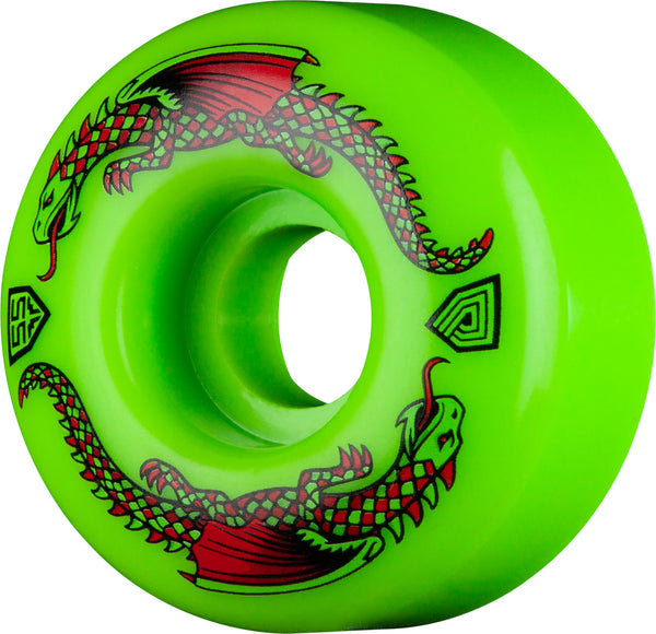 A POWELL PERALTA DRAGON FORMULA 55x34MM 93A GREEN skateboard wheel, featuring the Dragon Formula from Powell Peralta.