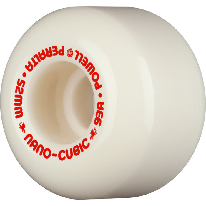 A white POWELL PERALTA DF NANO-CUBICS 52X36MM 93A skateboard wheel with red letters on it, featuring the keyword "skate" prominently.