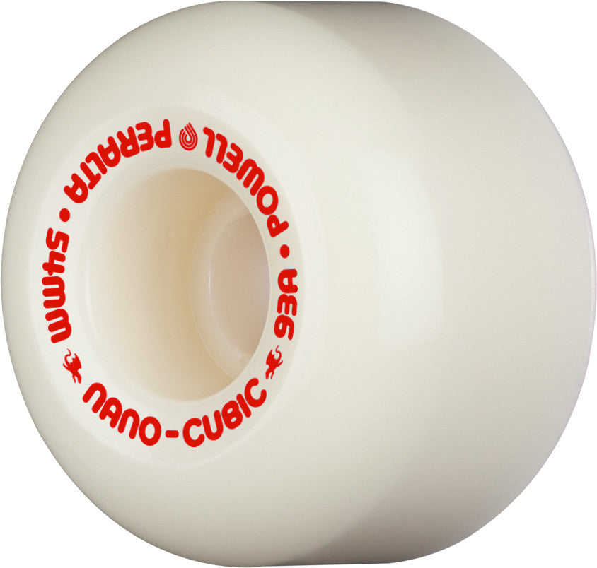 A white POWELL PERALTA DF NANO-CUBICS 54X36MM 93A skateboard wheel showcasing the Dragon Formula technology.