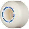 Close-up of a white skateboard wheel with blue text reading "Powell Peralta," featuring additional letters and numbers around the edge, showcasing the high-quality design typical of POWELL PERALTA DF NANO-CUBICS 54X36.5 MM 97A skateboard wheels.