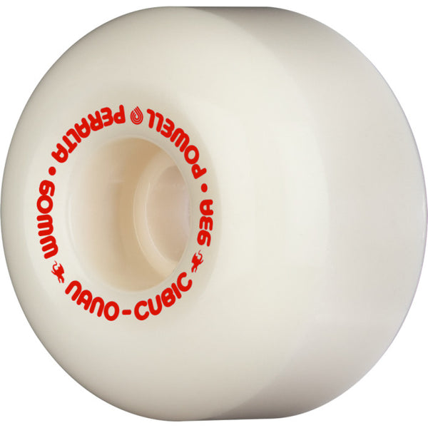 A white POWELL PERALTA skateboard wheel with a red logo on it, featuring the POWELL PERALTA dragon formula.