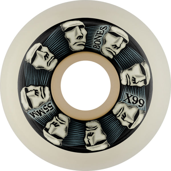 A BONES skateboard wheel with a black and white X-Formula V5 design.