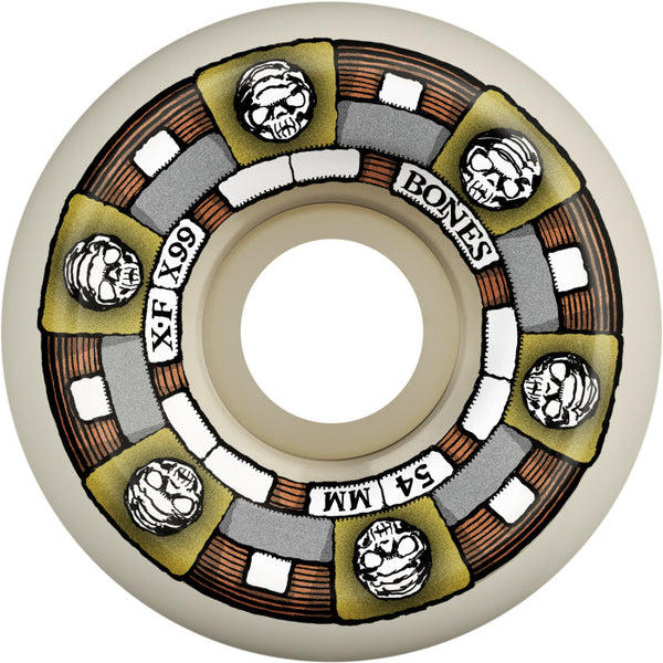 A BONES X-FORMULA V5 SIDECUT 54MM 99A TIMELESS MACHINE skateboard wheel with a picture of a group of people.