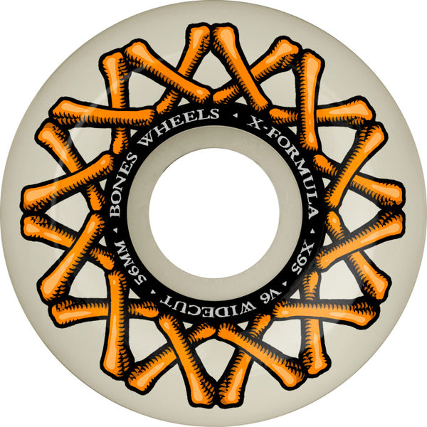 A white BONES X-Formula wheel with a circular orange bones pattern and black text, “Bones X-Formula V6 Widecuts 56mm 95A,” designed for skaters who want high rebound skateboard wheels.