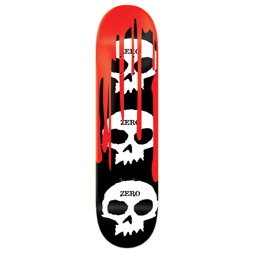 A ZERO skateboard deck with three skulls on it, in black, size 8.0" x 31.6", WB: 14".