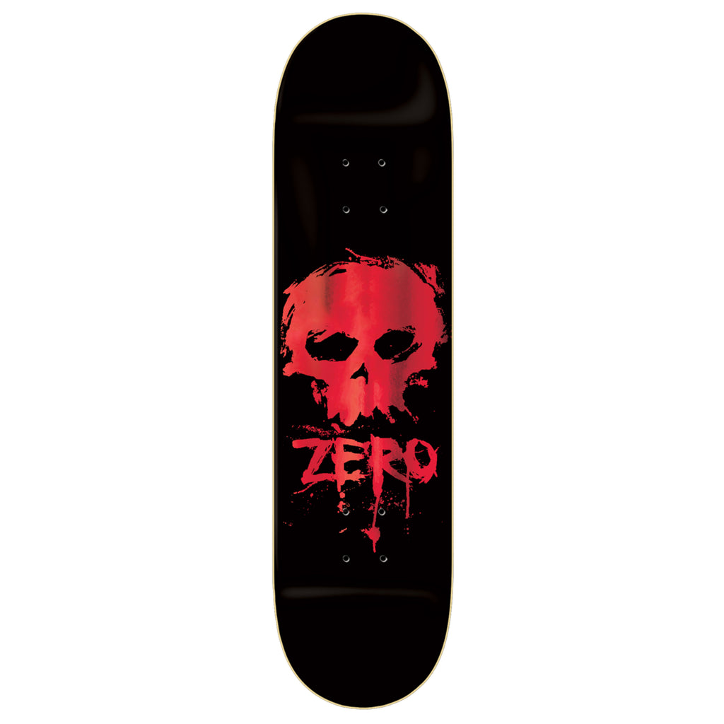 A ZERO red skateboard deck featuring a skull.