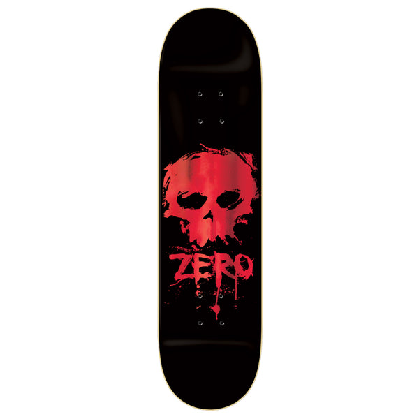 A ZERO red skateboard deck featuring a skull.