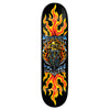 The ZERO BURLEIGH CHROME skateboard deck features a striking design with a skeleton on a motorcycle surrounded by flames. Constructed with Resin7 technology, it offers both durability and style for an exceptional riding experience.