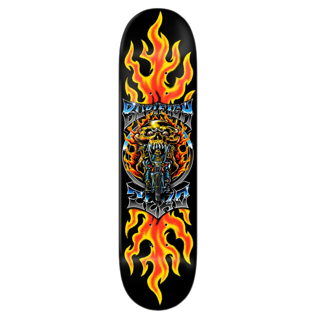 The ZERO BURLEIGH CHROME skateboard deck features a striking design with a skeleton on a motorcycle surrounded by flames. Constructed with Resin7 technology, it offers both durability and style for an exceptional riding experience.