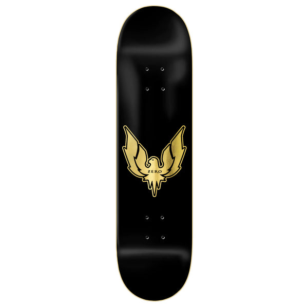A black skateboard with a gold eagle logo and ZERO FIREBIRD GOLD FOIL branding.