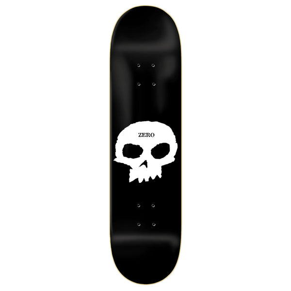 A black skateboard with a white skull on it, featuring the ZERO SINGLE SKULL BLACK design by ZERO.