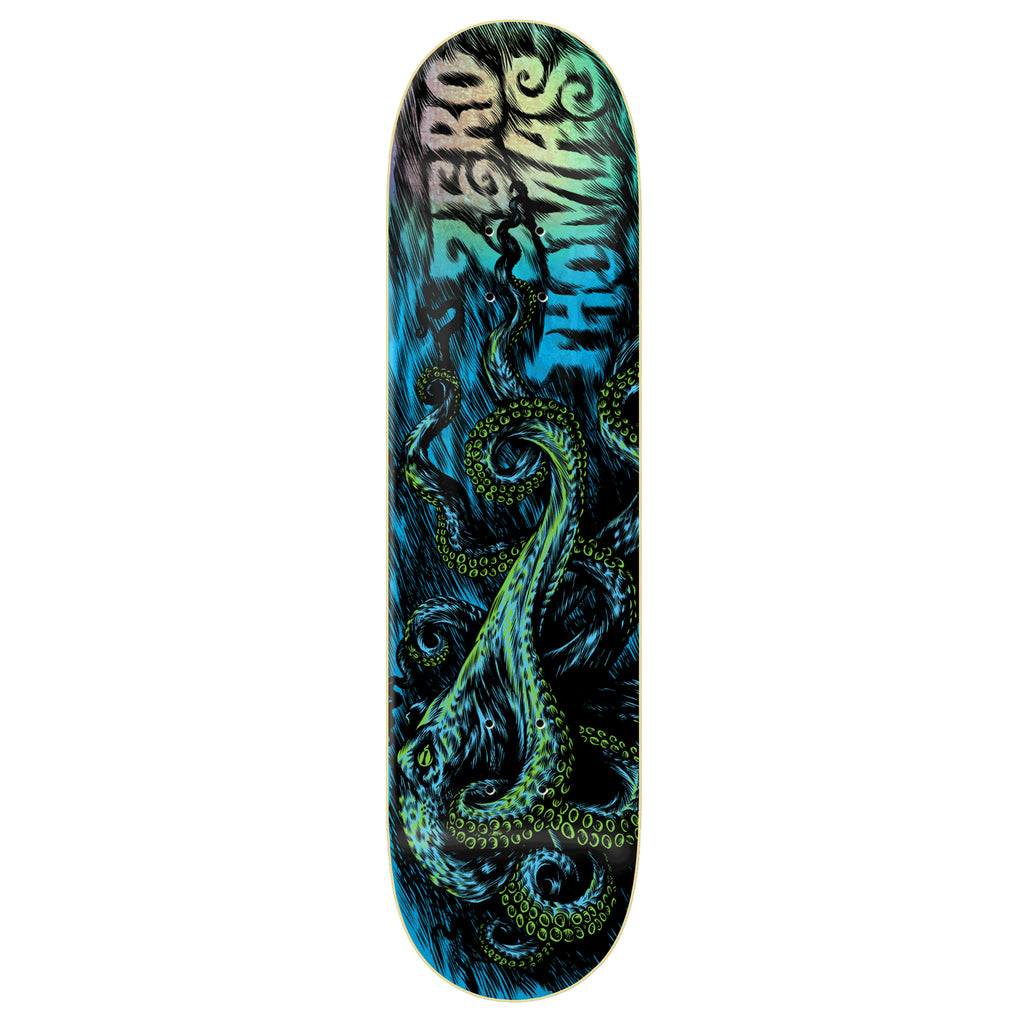 A ZERO skateboard deck featuring an image of an octopus.