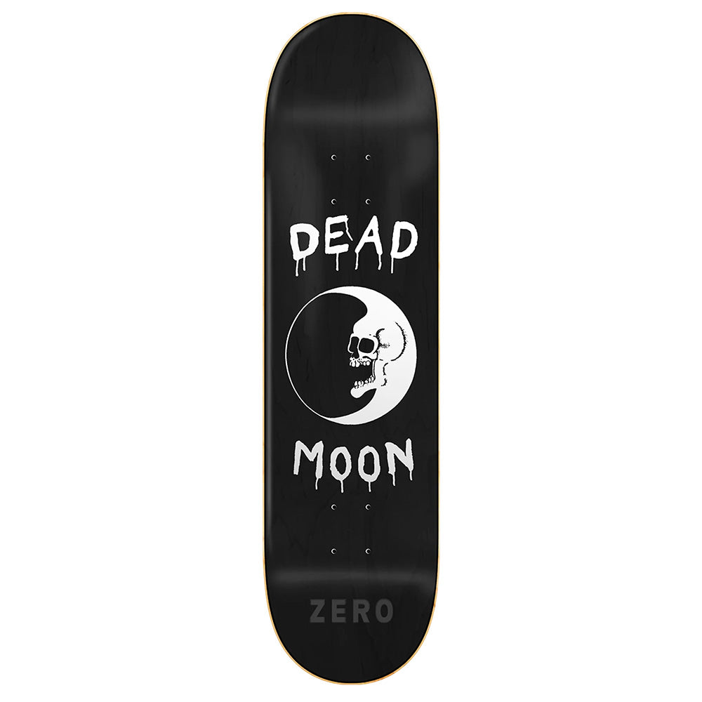 The ZERO X DEAD MOON skateboard deck by ZERO features a black design with a "DEAD MOON" and crescent moon skull graphic, "ZERO X DEAD MOON" text at the bottom, and durable Resin7 Construction for lasting strength.