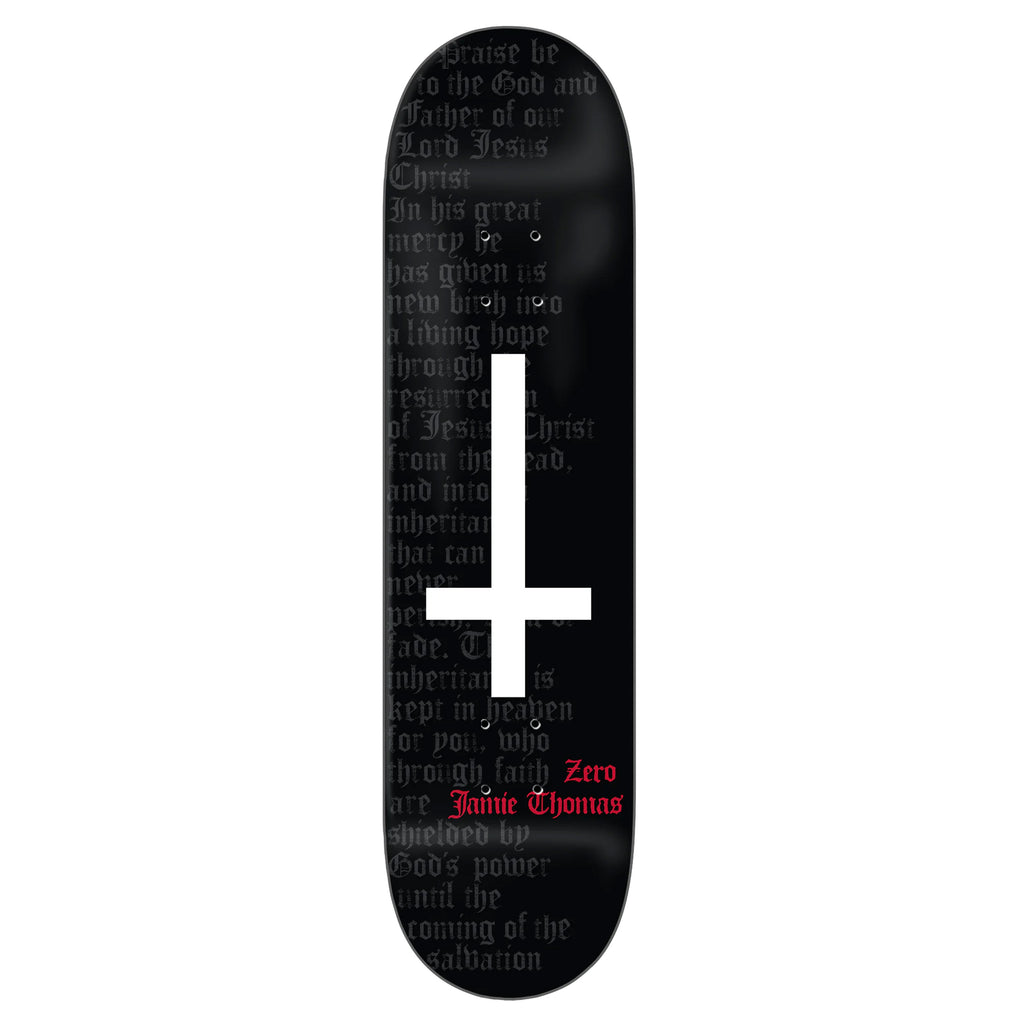 The ZERO THOMAS CROSS OF PETTER skateboard deck by ZERO measures 8.25" x 31.9" and features an eye-catching design with a prominent white cross set against a black background, highlighted by vibrant red and white text.