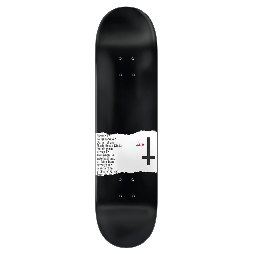 The ZERO THOMAS CROSS OF PETTER skateboard deck, made by brand ZERO, features dimensions of 8.25" x 31.9", highlighting a compelling design with a white graphic surrounding the text and an eye-catching red "Zero" next to a prominent black cross.