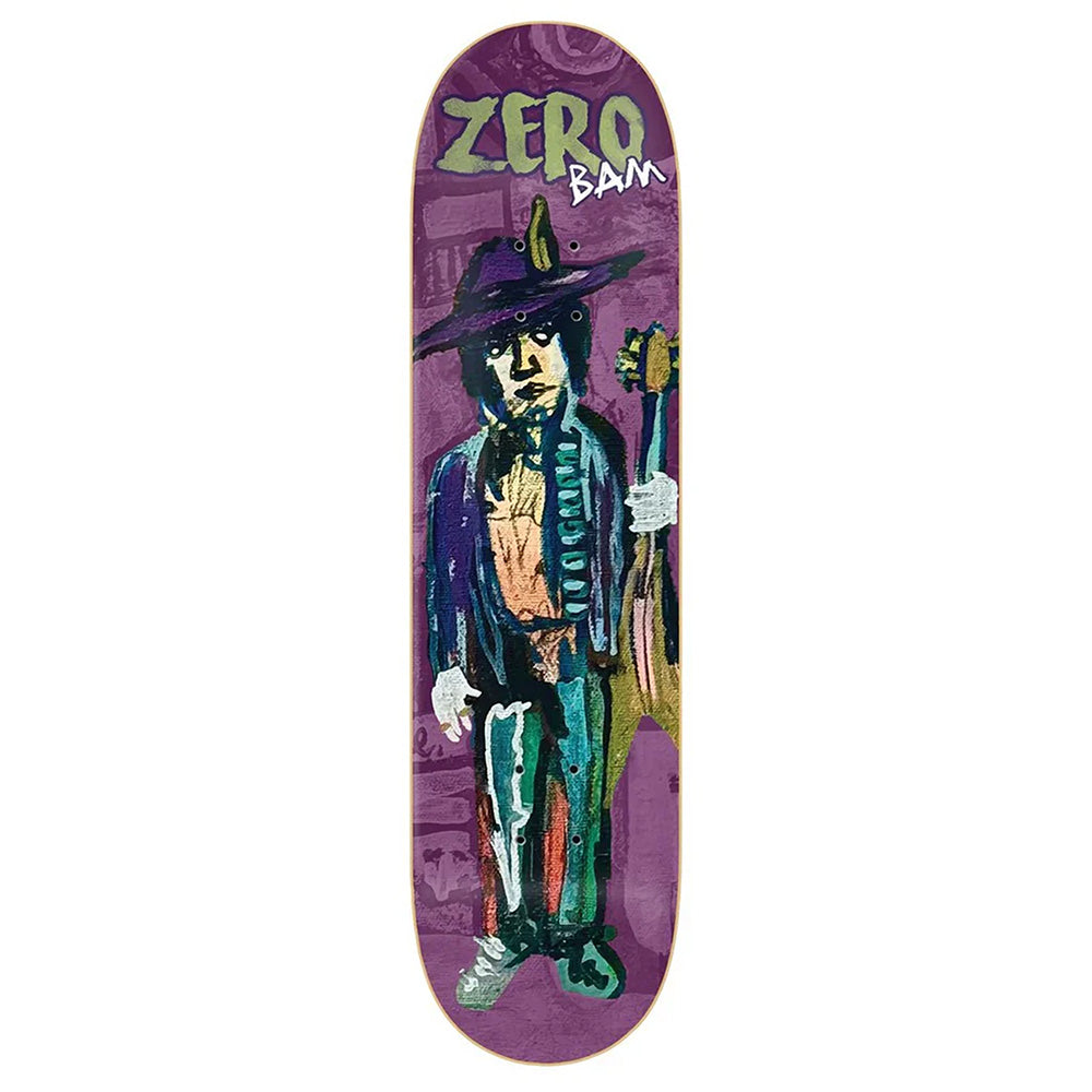 The ZERO X BAM MUSIC MAN skateboard deck by ZERO features a purple background with an illustrated figure in a hat and suit holding a guitar, plus "ZERO BAM" text—a tribute to Bam Margera’s signature style.