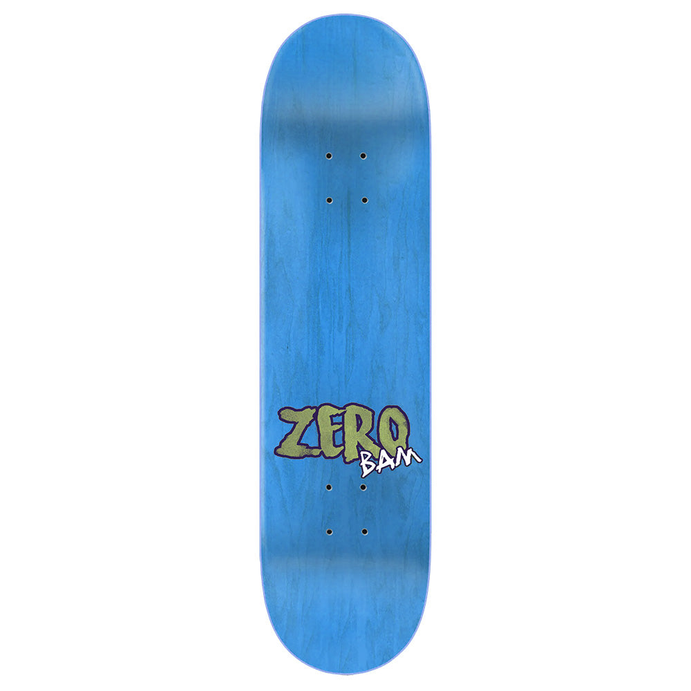 The ZERO X BAM MUSIC MAN skateboard deck by ZERO features "ZERO" and "BAM" in graffiti-style letters near one end, inspired by Bam Margera's signature style.