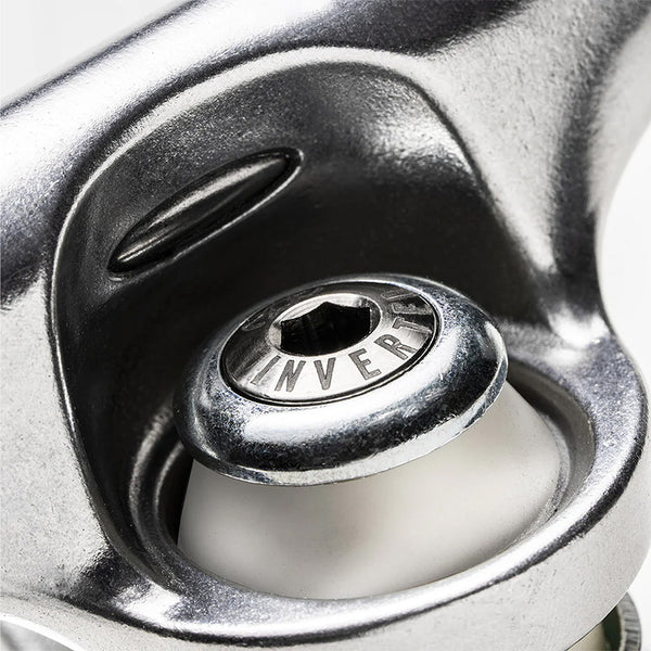 Close-up of the Ace ACE AF1 44 INVERTED HOLLOW skateboard truck shows the metal bolt marked "INVERT" and a white bushing—ideal for rethreading axle nut use.