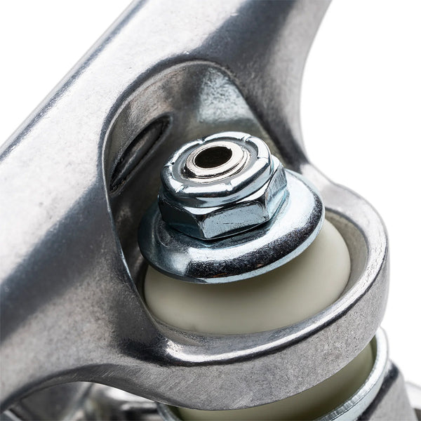 Close-up of the Ace AF1 Hollow 33 Polished skateboard truck set, showcasing the metal nut, washer, and white bushing on the axle against a plain background.
