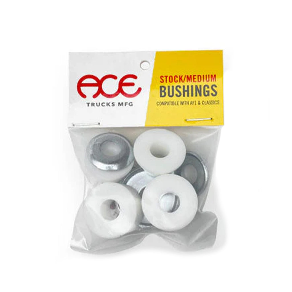 A packaged set of Ace ACE MFG MEDIUM BUSHINGS WHITE, featuring 94A stock/medium bushings compatible with AF1 & Classics. The pack contains four white replacement bushings and accompanying washers.