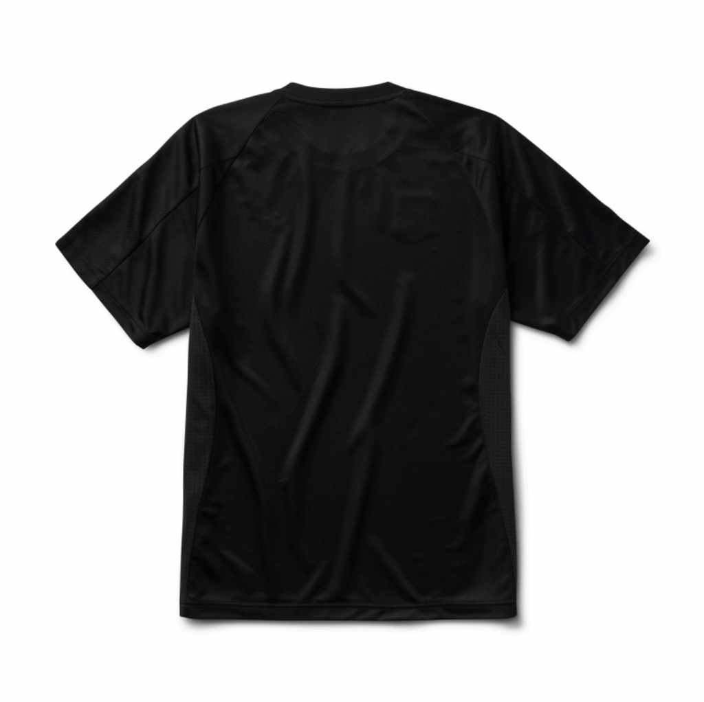 The ADIDAS SKATEBOARDING BRASIL AEROREADY JERSEY BLACK is a black, short-sleeve athletic shirt shown from the back featuring an adidas skateboarding logo, crafted from 100% cotton.