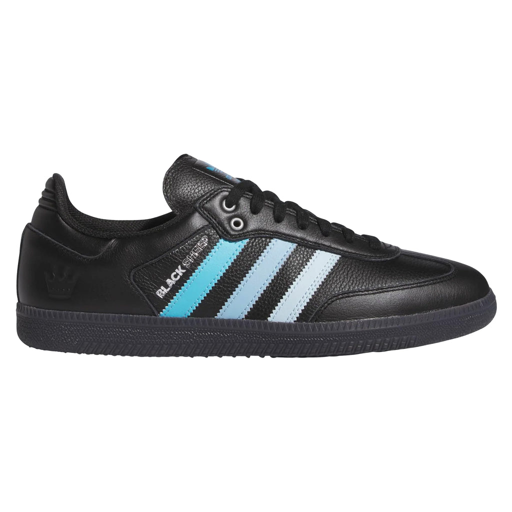 The ADIDAS X CLTFC X BLACK SHEEP SAMBA ADV athletic shoe in Core Black, Cloud White, and Ice Blue features light blue and white stripes on the side, a blue tongue, a black sole, and is crafted from full-grain leather for added durability.