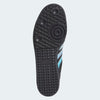 Bottom view of the ADIDAS X CLTFC X BLACK SHEEP SAMBA ADV Core Black/Cloud White/Ice Blue shoe, showcasing a textured sole with circular grip patterns and a geometric design.