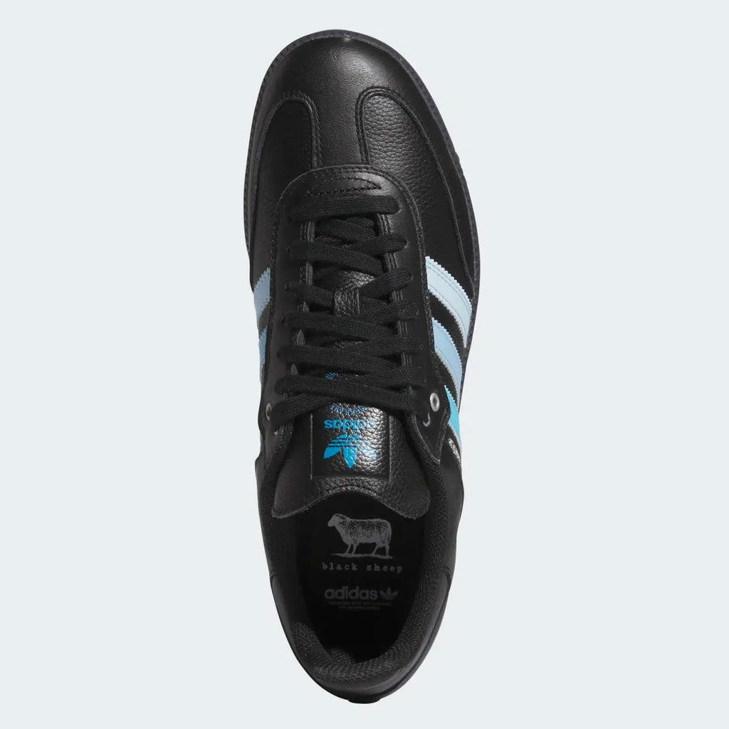 Top view of the ADIDAS X CLTFC X BLACK SHEEP SAMBA ADV sneaker in core black, cloud white, and ice blue. Featuring blue stripes and black laces, the insole showcases a distinctive "Black Sheep" logo. Crafted from full grain leather with custom artwork detailing, it combines classic style with unique flair.