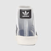 A pair of clear ADIDAS BLONDEY PRO MODEL WHITE sneakers with black and white stripes.