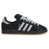 The ADIDAS CAMPUS 90S ADV CORE BLACK / GREY TWO / GOLD METALLIC features a classic black design with white stripes, gray laces, and a gum sole. "CAMPUS" is inscribed on the side, exuding timeless style inspired by Henry Jones.