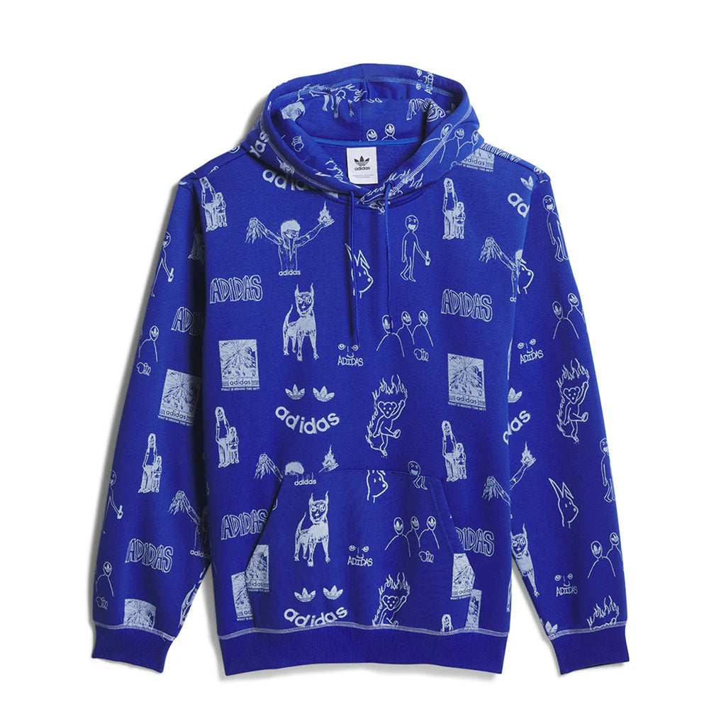 Royal Blue Adidas Dill Hoodie adorned with an array of white doodle-style illustrations and logos, inspired by the creative flair of Tyshawn Jones.