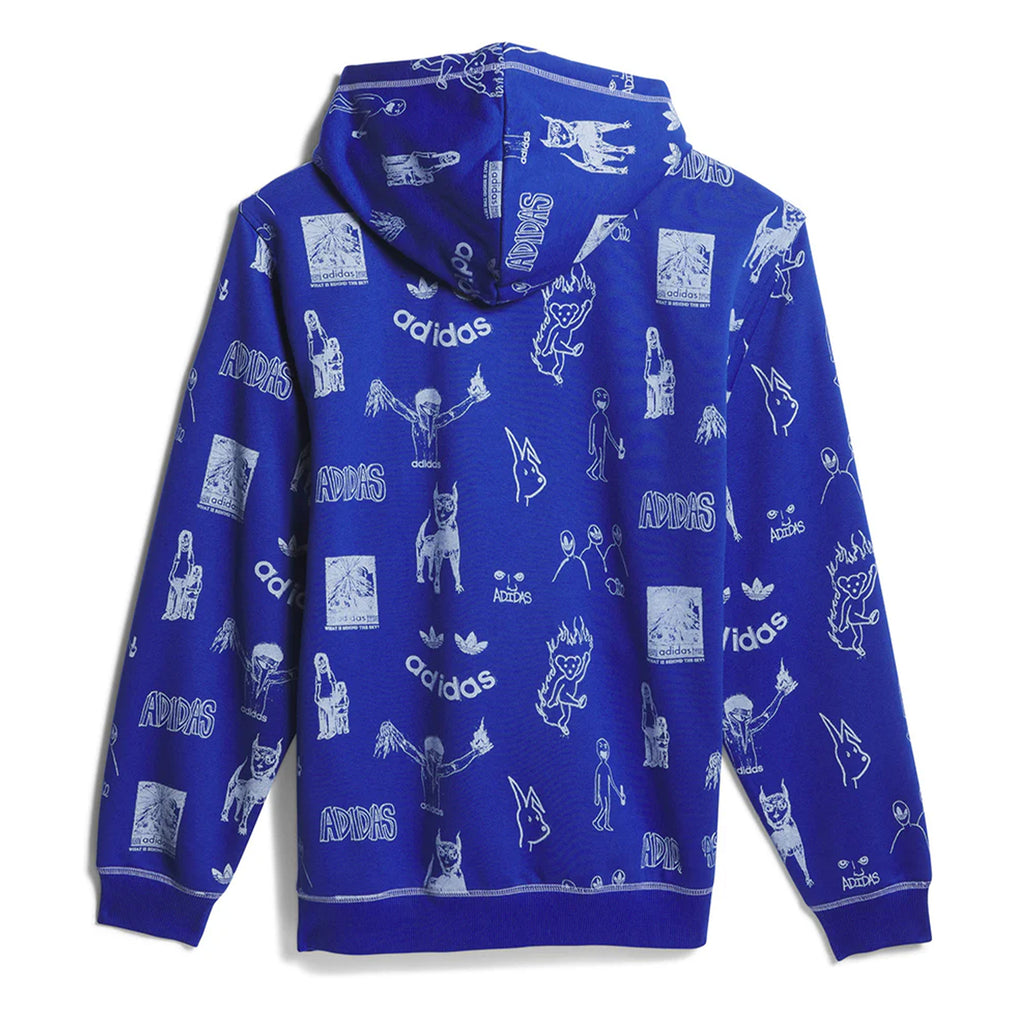 Royal blue ADIDAS DILL HOODIE featuring white illustrations and scattered "adidas" logos, inspired by the iconic style of Tyshawn Jones.