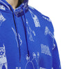 Close-up of the Adidas Dill Hoodie in royal blue, featuring white abstract designs along with the iconic "Adidas" logo, embodying Tyshawn Jones' distinctive style.